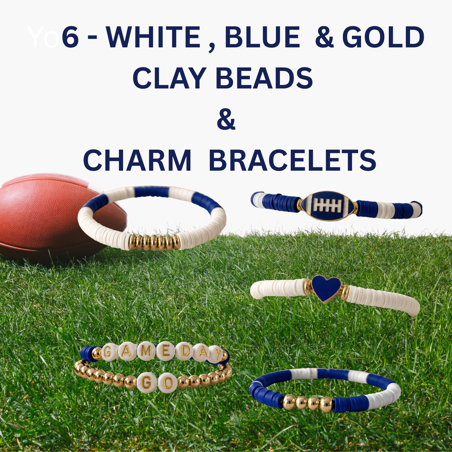 White, Blue & Gold Clay Bead Charm Bracelets – Game Day