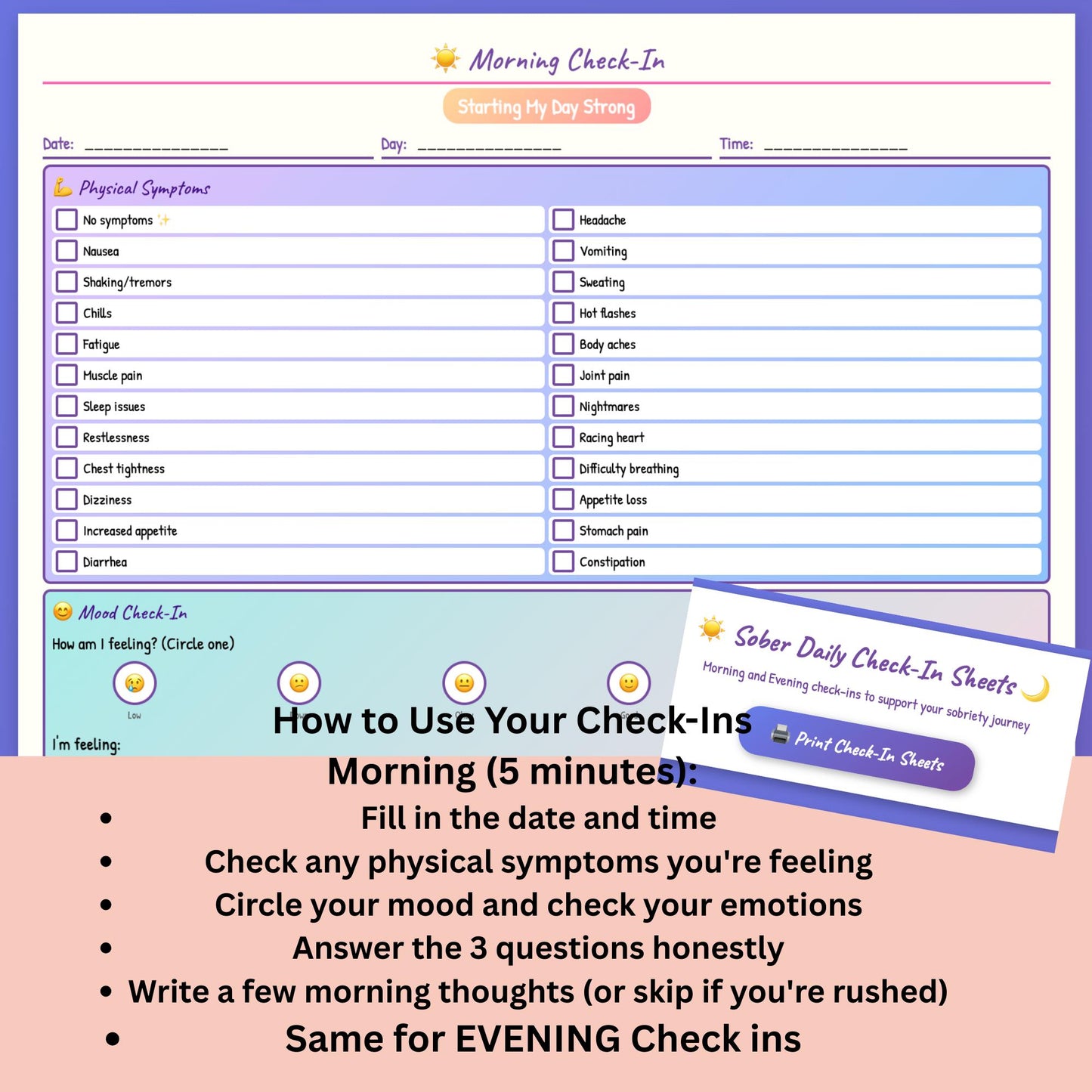 Sobriety Daily & Evening Check-In Sheets - Digital