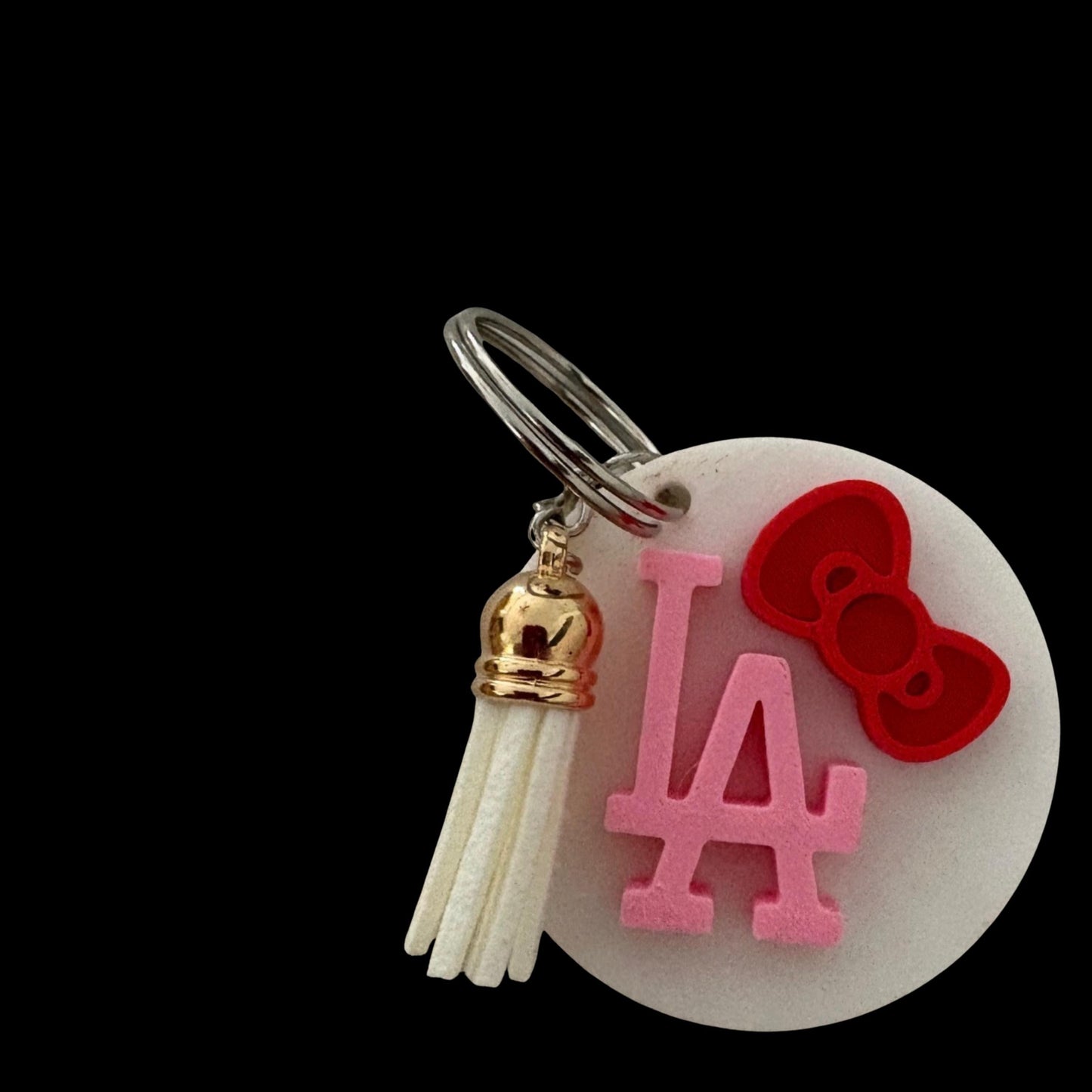 Pink LA Keychain with Bow | Dodgers Inspired Baseball Charm | Tassel Bag Accessory