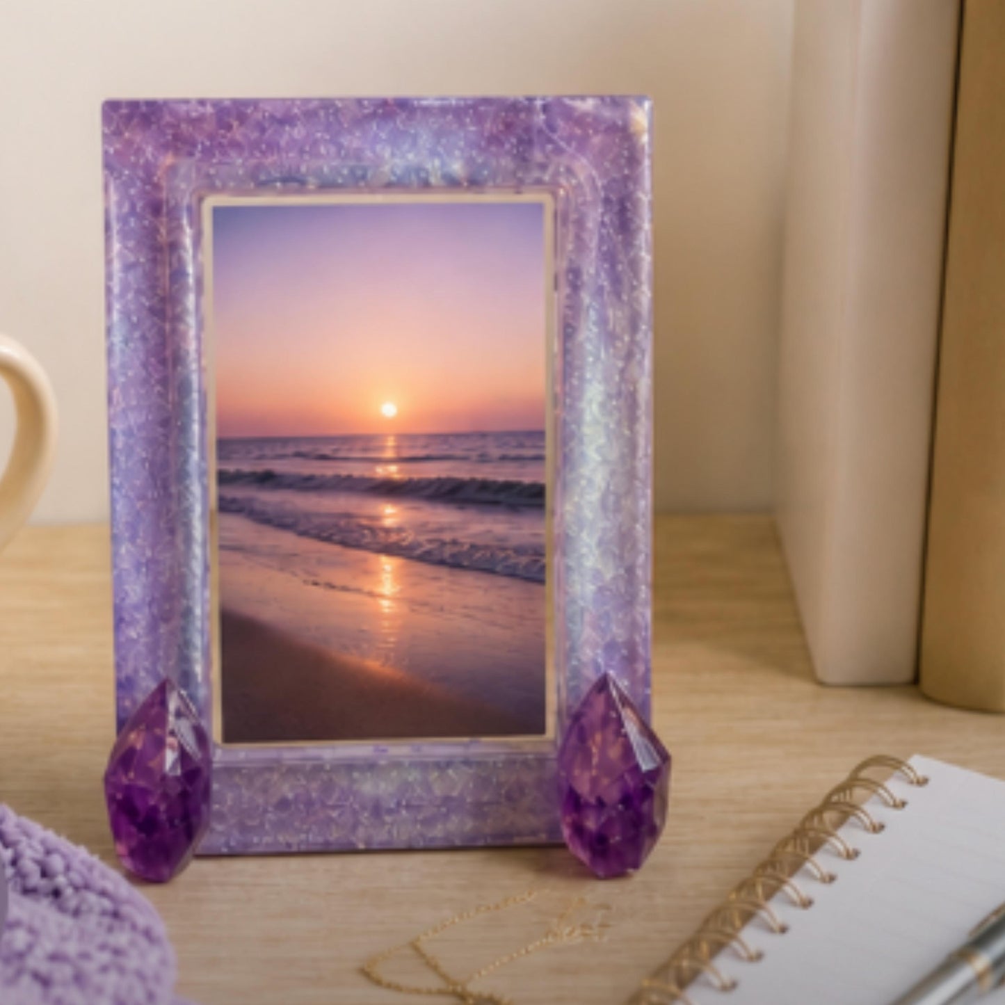 5x7 Amethyst Crystal Resin Picture Frame | Purple Shimmer, Real Amethyst Points