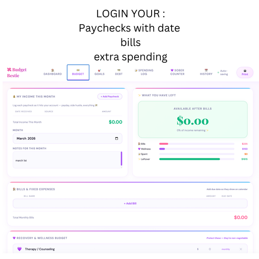 Budget Planner Spreadsheet – Income, Bills, Savings, Sober Tracker