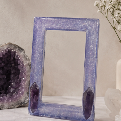 Decorative purple glitter frame with amethyst crystals on a neutral background SOBERAFSHOP