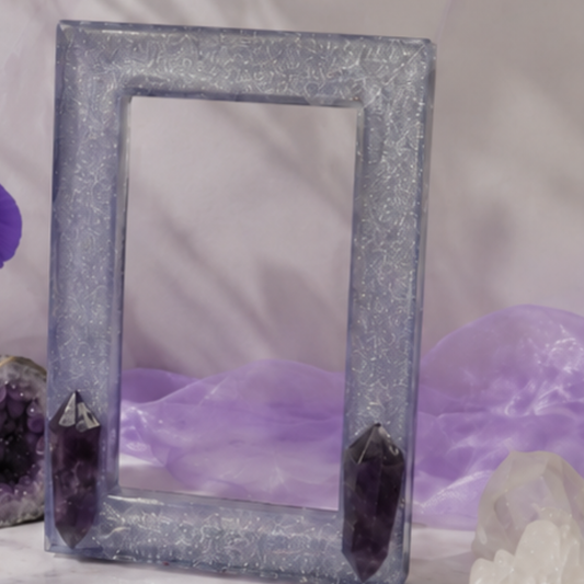 Decorative frame with purple and silver glitter on a soft purple background with crystals. SOBERAFSHOP