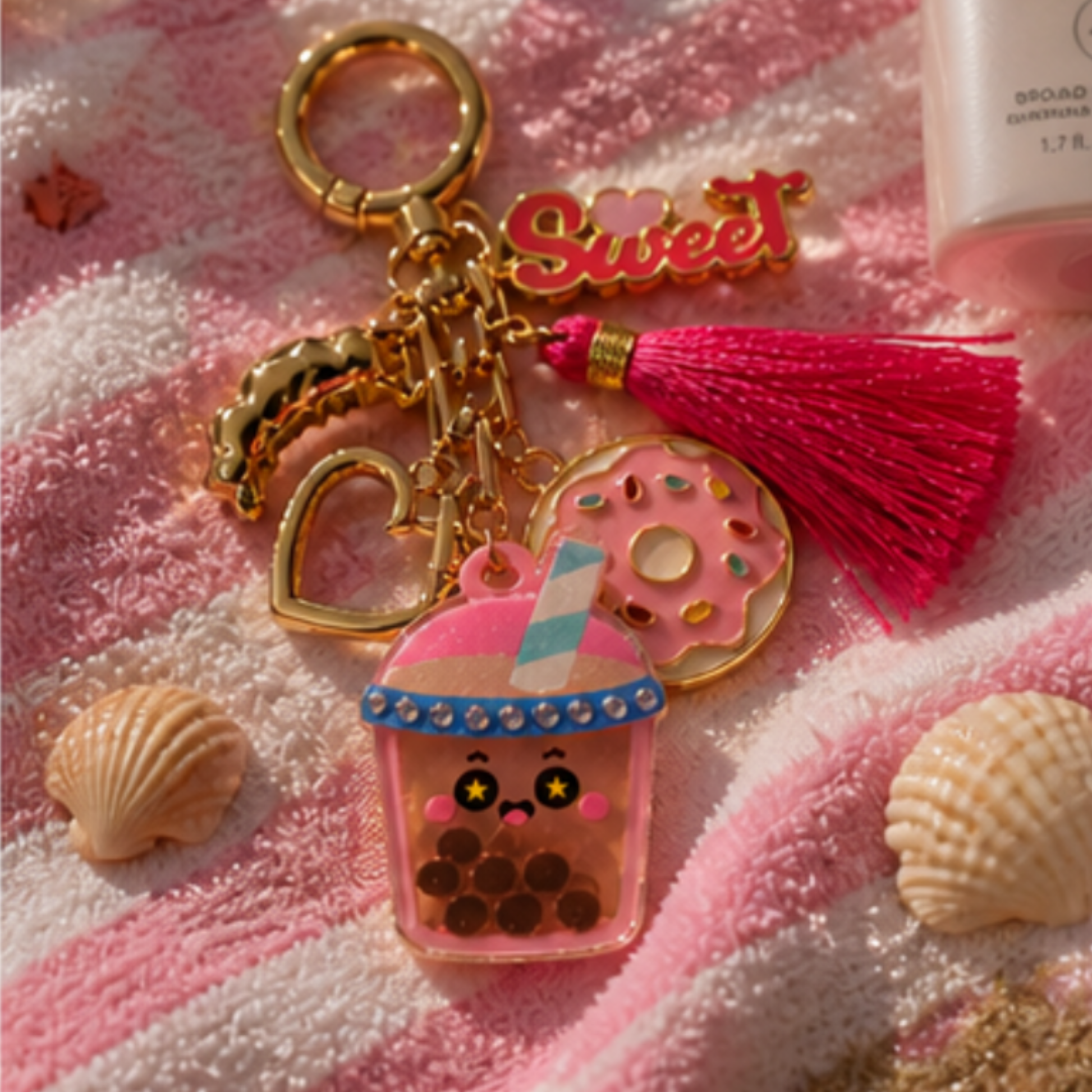 Keychain with bubble tea and donut charms on a pink textured background boba that moves heart  donut charm and sweet with a heart croissant keychain or purse charm