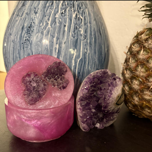Amethyst Crystal Resin Bowl with Lid | Handmade Pink Trinket Box