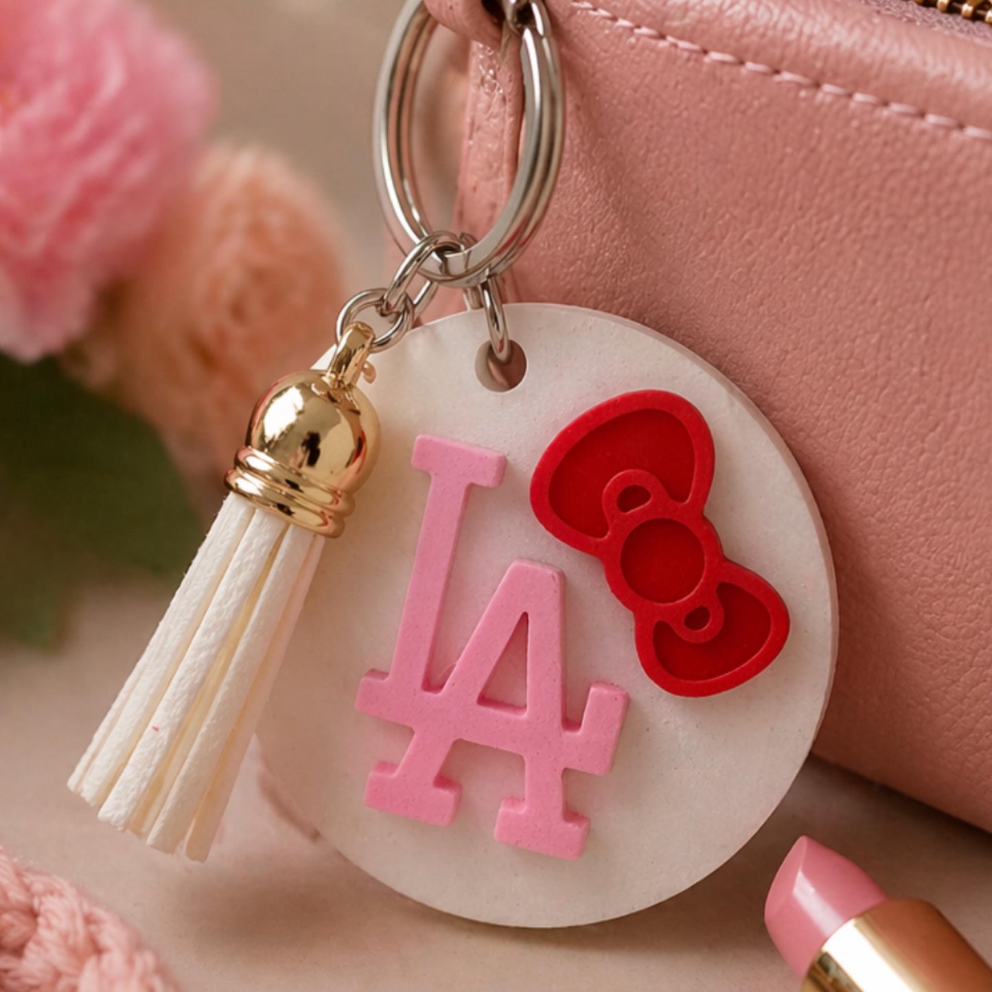 Pink LA Keychain with Bow | Dodgers Inspired Baseball Charm | Tassel Bag Accessory