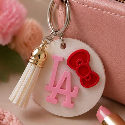Pink LA Keychain with Bow | Dodgers Inspired Baseball Charm | Tassel Bag Accessory