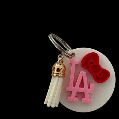 Pink LA Keychain with Bow | Dodgers Inspired Baseball Charm | Tassel Bag Accessory