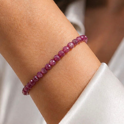 Faceted Ruby Beaded Bracelet | Dainty 4mm Stretch, July Birthstone, Minimalist Stackable Jewelry