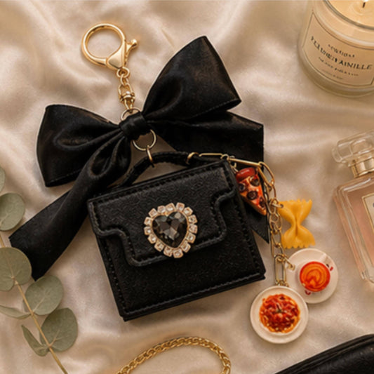 Black Satin Bow Mini Purse Charm with Italian Food Charms, Rhinestone Heart Detail