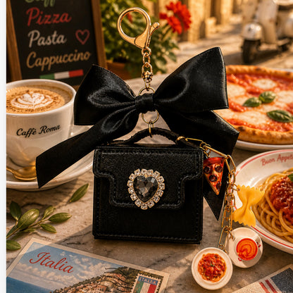 Black Satin Bow Mini Purse Charm with Italian Food Charms, Rhinestone Heart Detail