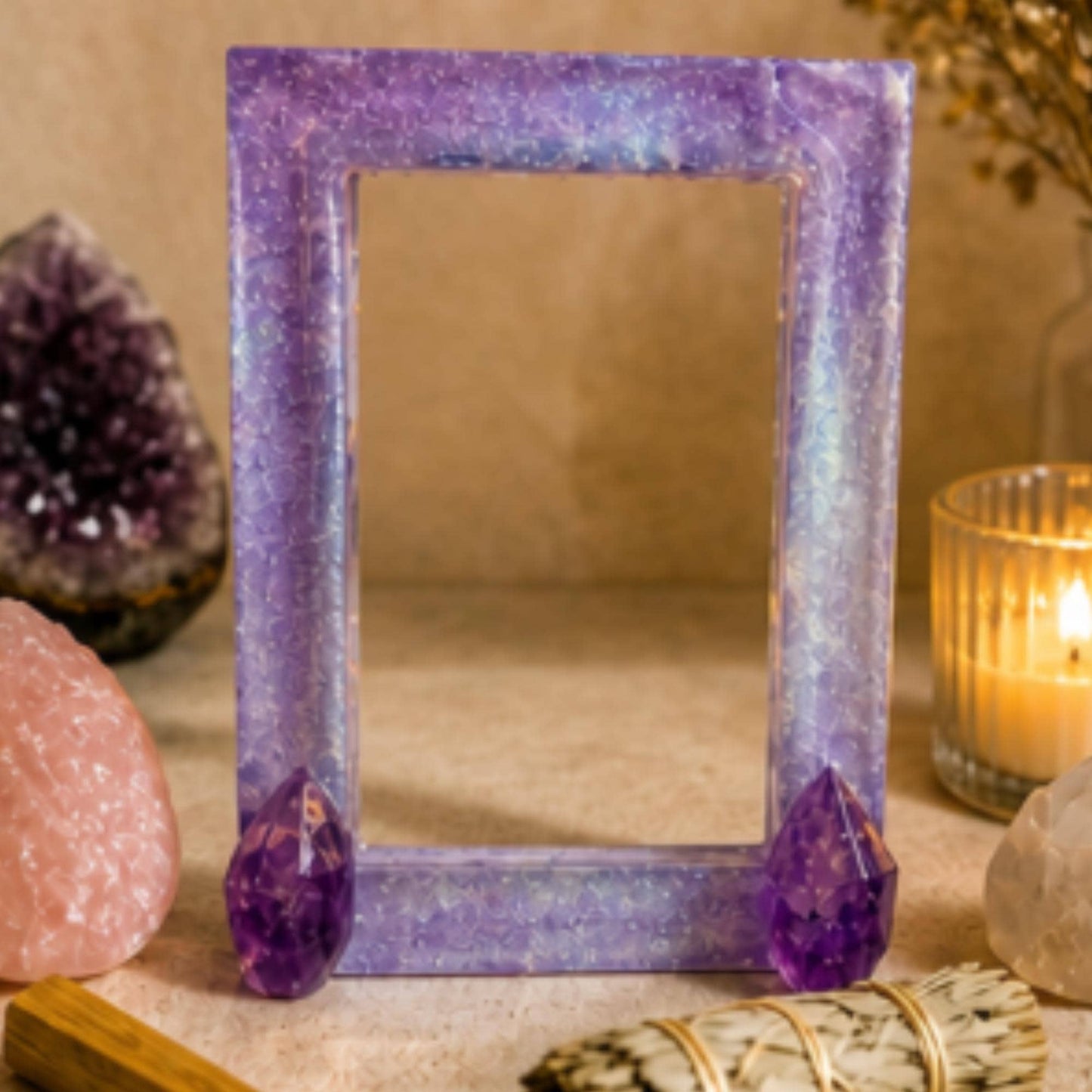 5x7 Amethyst Crystal Resin Picture Frame | Purple Shimmer, Real Amethyst Points