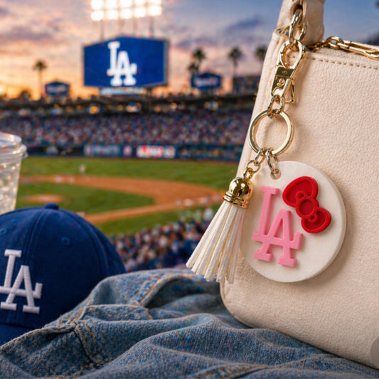 Pink LA Keychain with Bow | Dodgers Inspired Baseball Charm | Tassel Bag Accessory