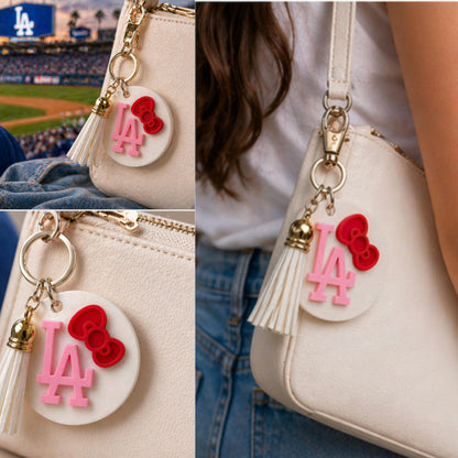 Pink LA Keychain with Bow | Dodgers Inspired Baseball Charm | Tassel Bag Accessory