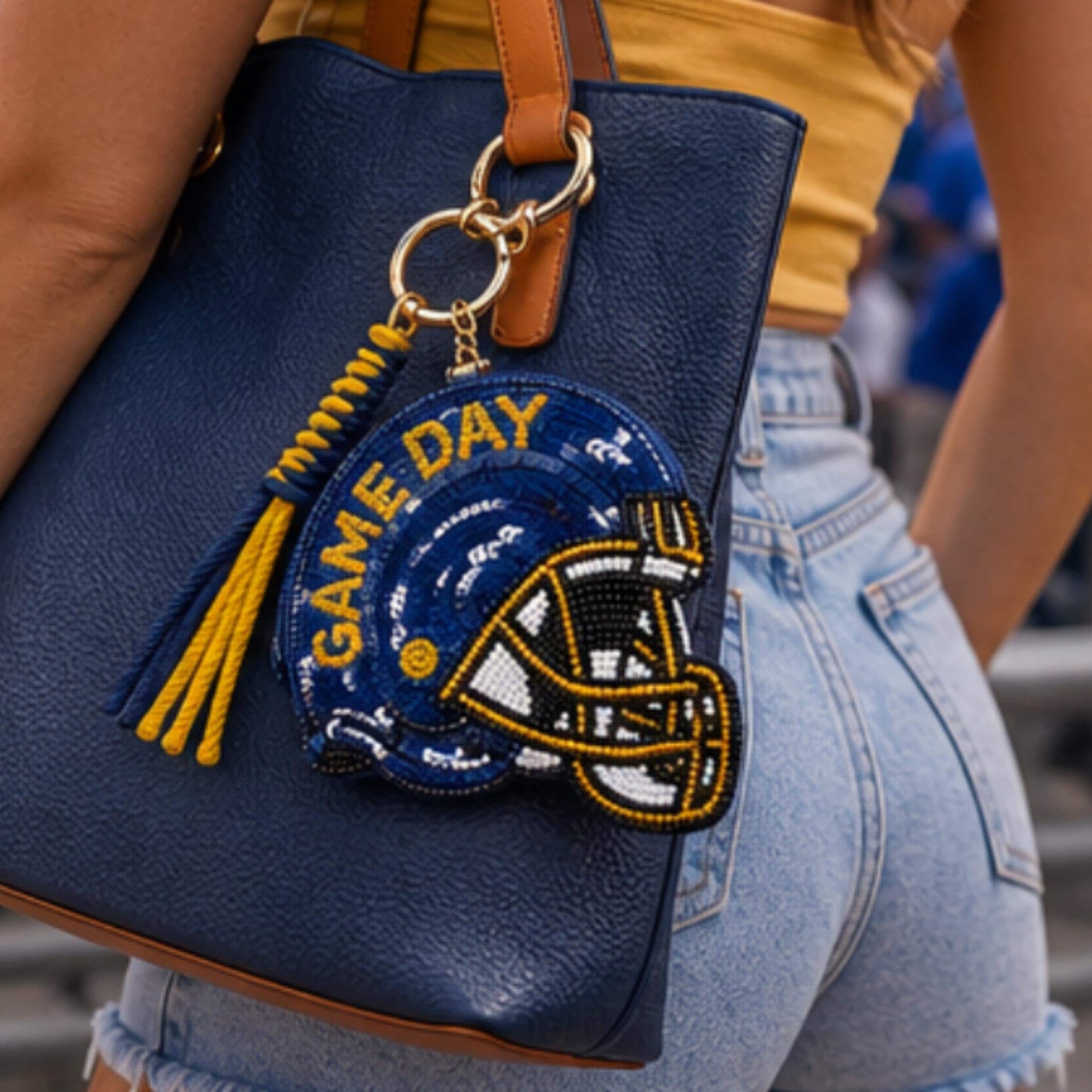 Blue Yellow Sequin Football Helmet Keychain Pouch

