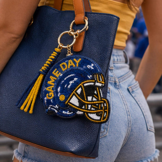 Blue Yellow Sequin Football Helmet Keychain Pouch

