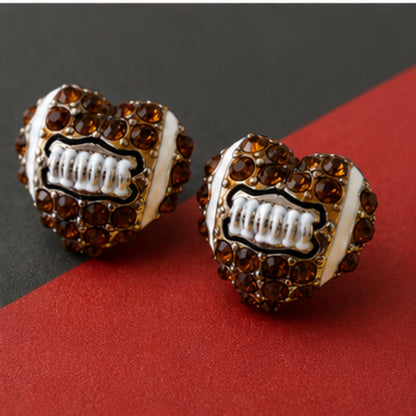 Crystal Pave Football Heart Stud Earrings | Game Day Enamel Jewelry