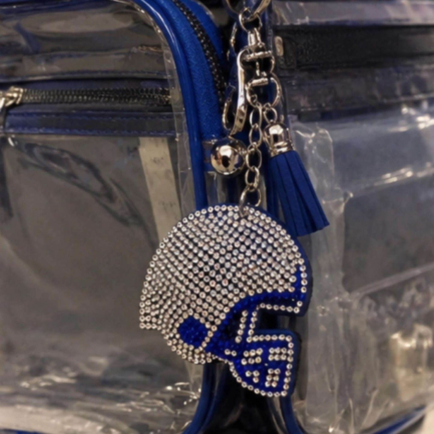 Sparkly Blue Rhinestone Football Helmet Keychain, Silver Tassel Bag Charm