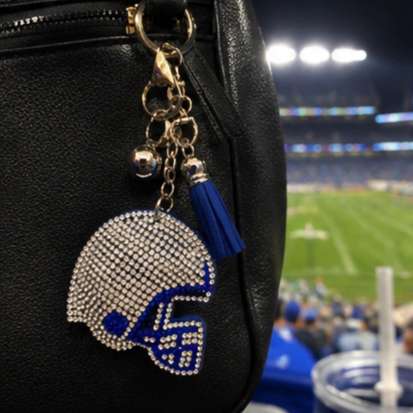 Sparkly Blue Rhinestone Football Helmet Keychain, Silver Tassel Bag Charm