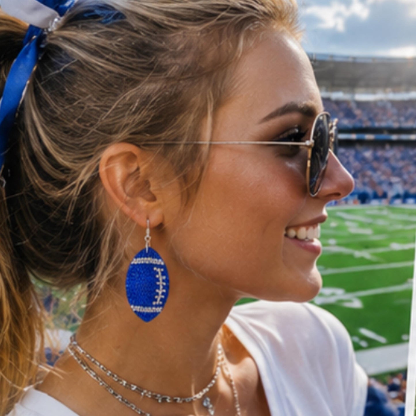 Blue & Silver Football Earrings | Sparkly Game Day Earrings | Rhinestone Jewelry | Tailgate Outfit Accessory