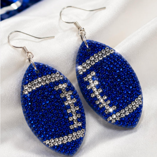 Blue & Silver Football Earrings | Sparkly Game Day Earrings | Rhinestone Jewelry | Tailgate Outfit Accessory