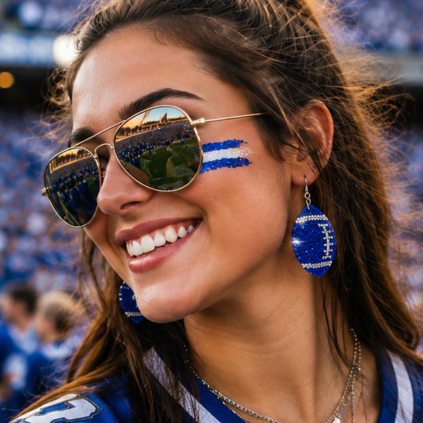 Blue & Silver Football Earrings | Sparkly Game Day Earrings | Rhinestone Jewelry | Tailgate Outfit Accessory