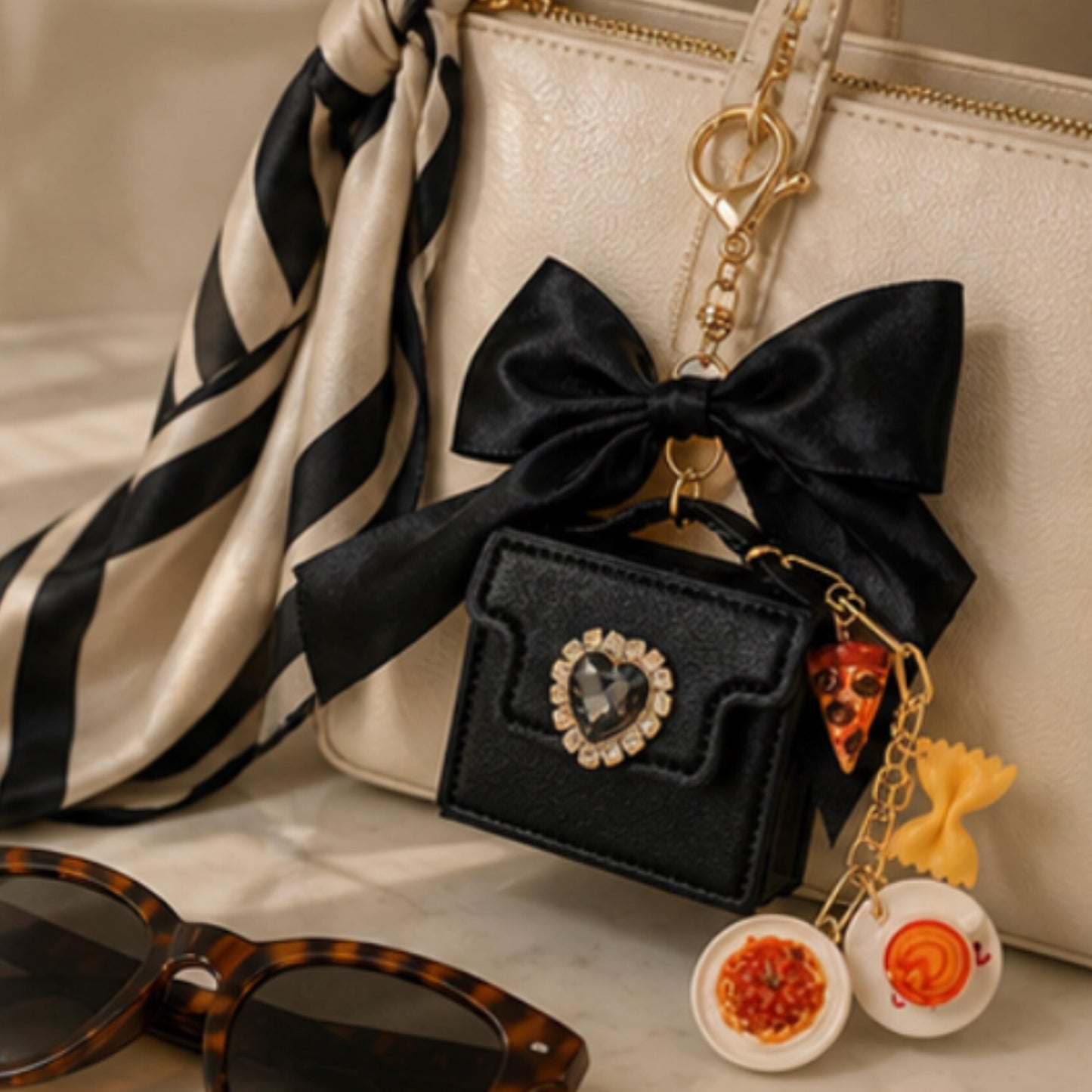 Black Satin Bow Mini Purse Charm with Italian Food Charms, Rhinestone Heart Detail