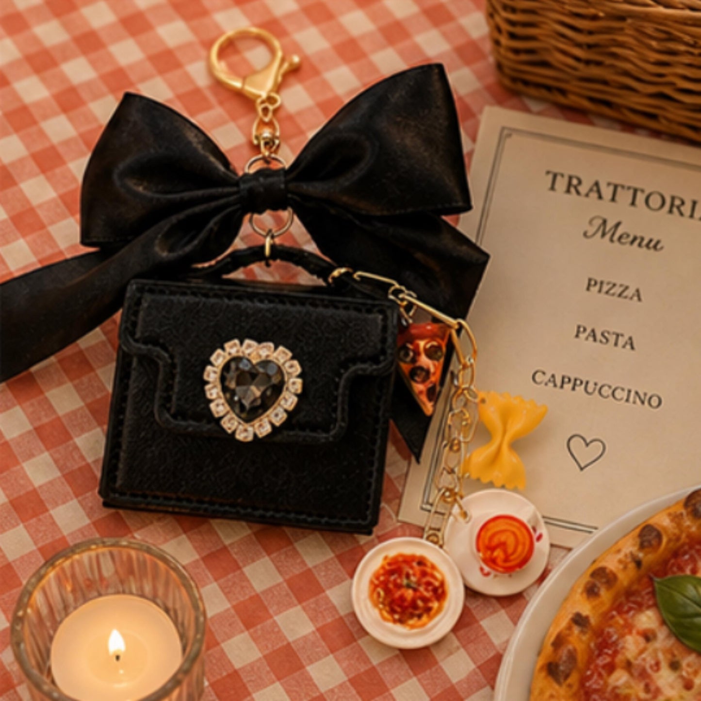 Black Satin Bow Mini Purse Charm with Italian Food Charms, Rhinestone Heart Detail