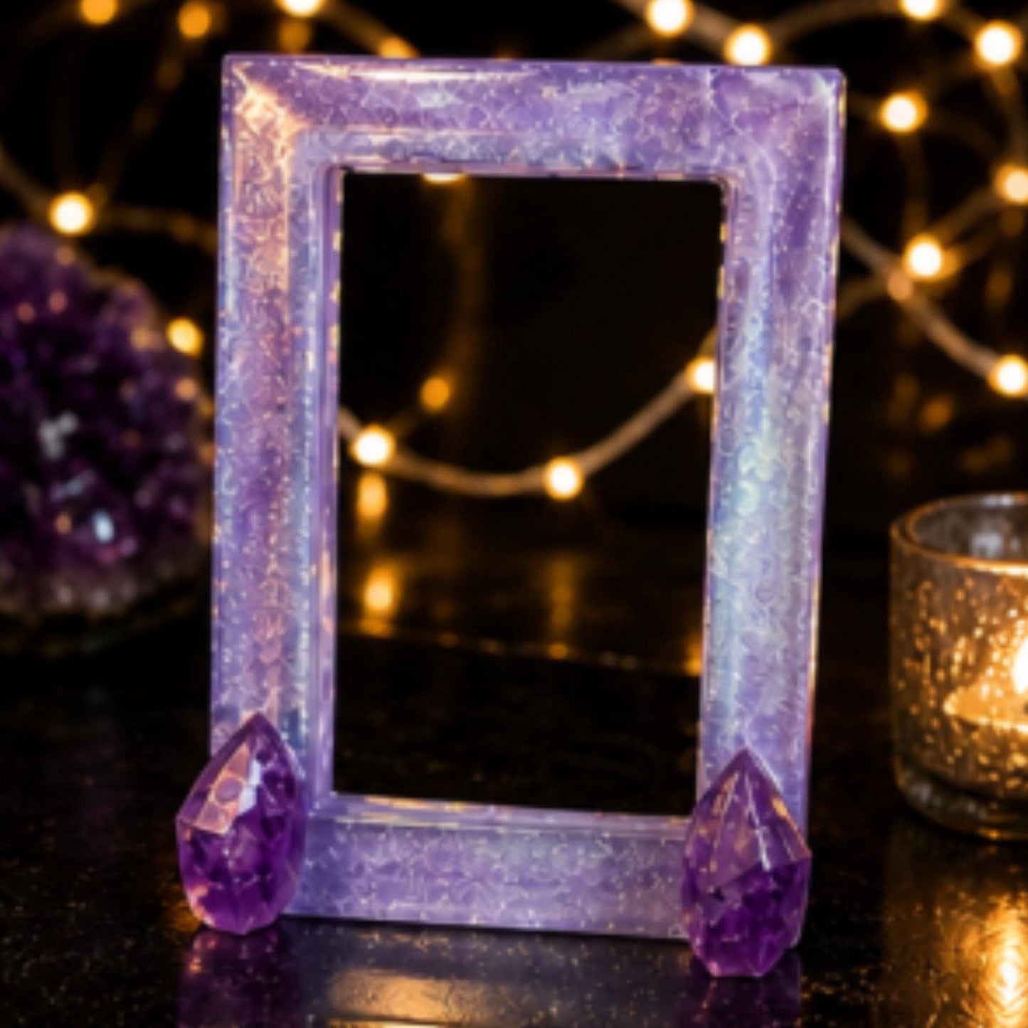 5x7 Amethyst Crystal Resin Picture Frame | Purple Shimmer, Real Amethyst Points