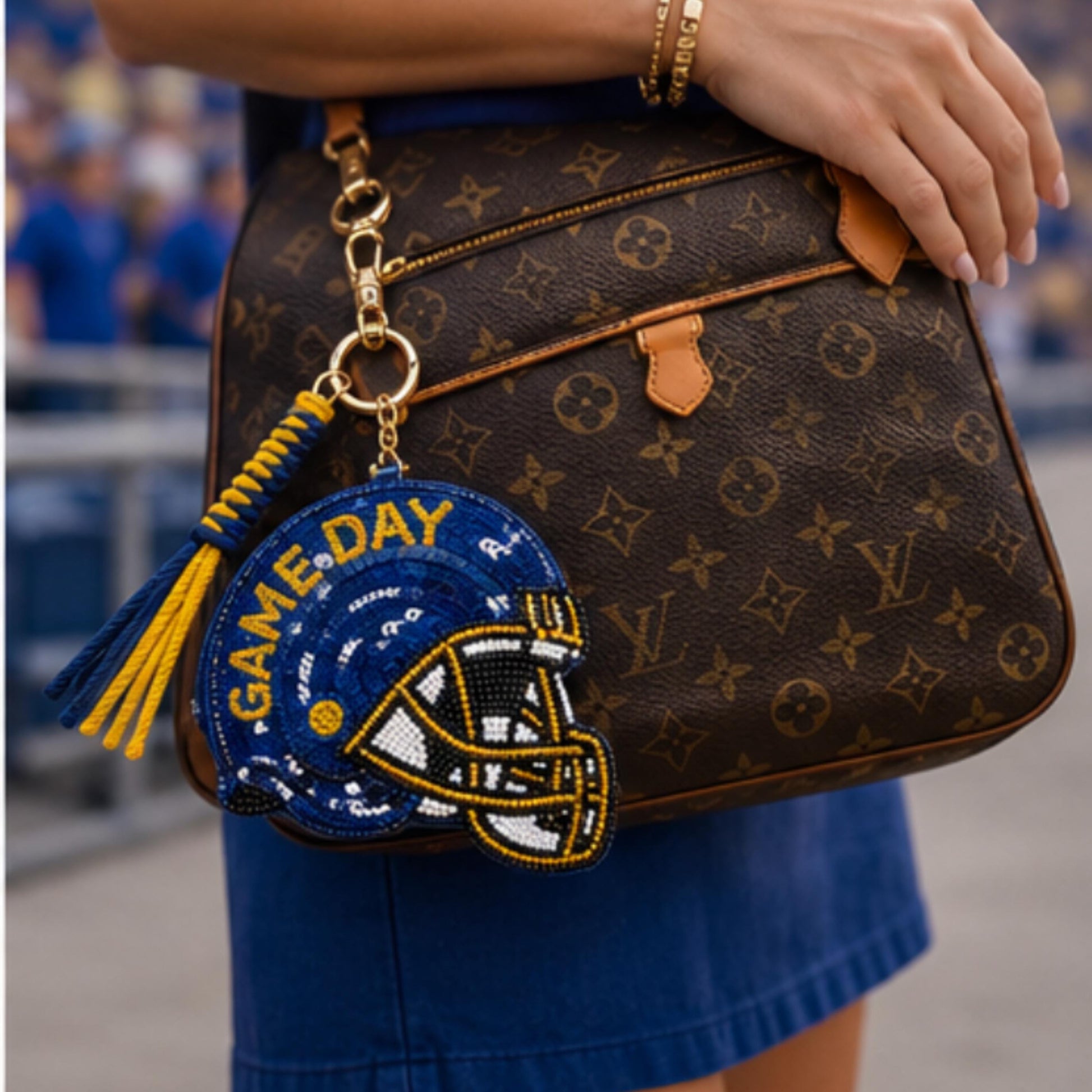Yellow and blue game day pouch

