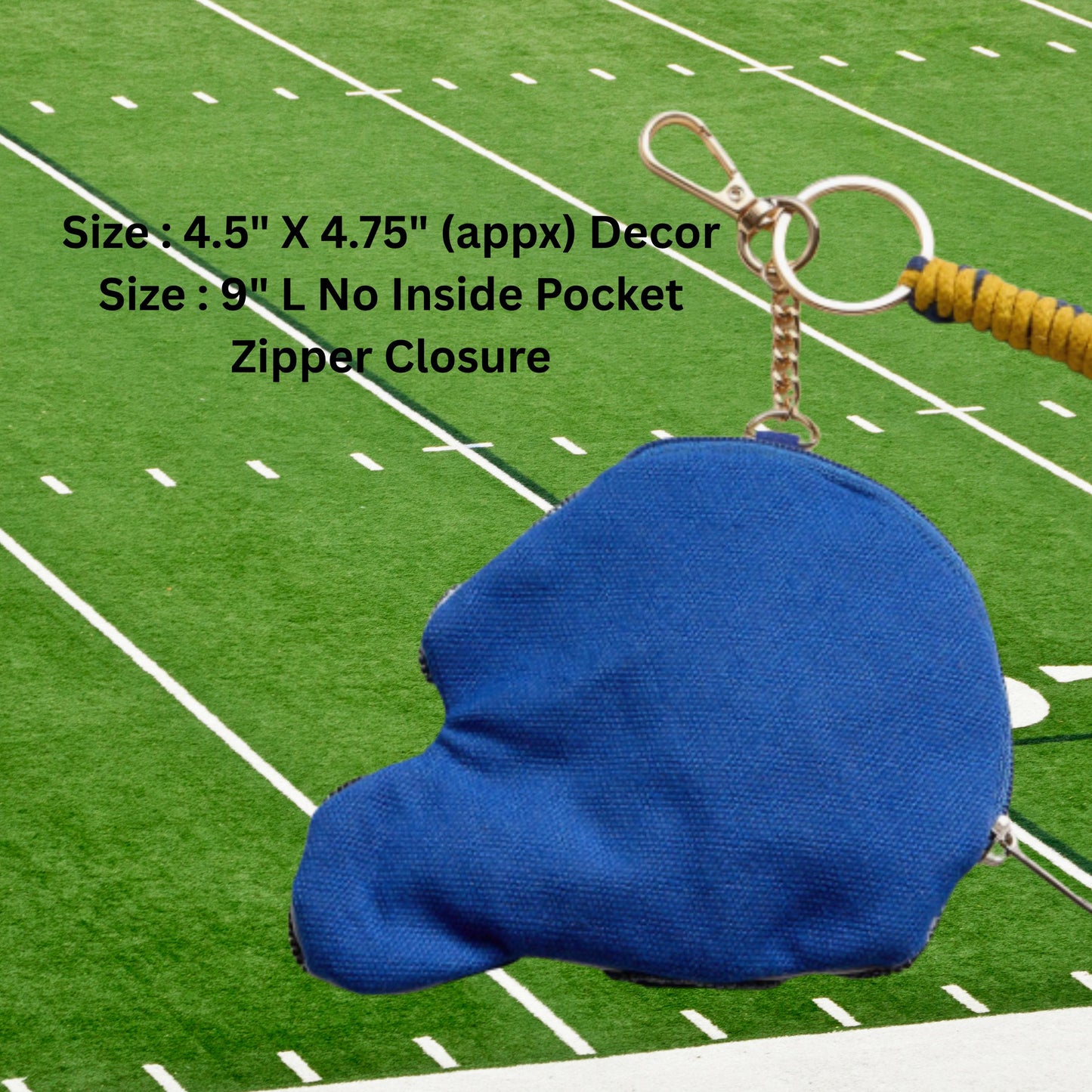 Blue pouch with keychain on a sports field background 4.5' x4.75'
