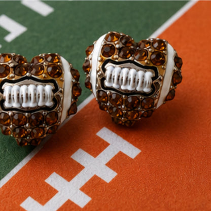 Crystal Pave Football Heart Stud Earrings | Game Day Enamel Jewelry