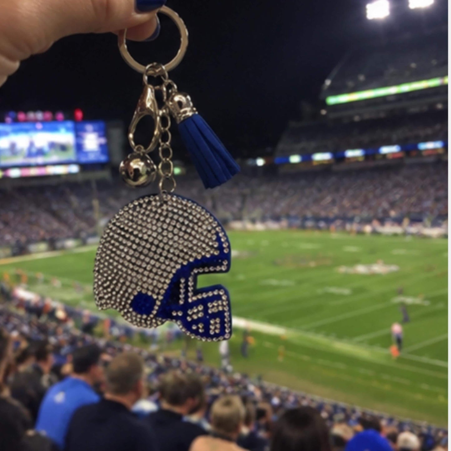Sparkly Blue Rhinestone Football Helmet Keychain, Silver Tassel Bag Charm