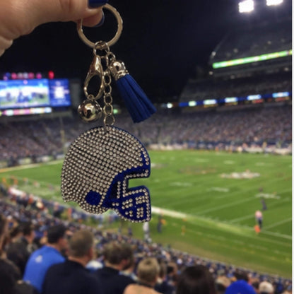 Sparkly Blue Rhinestone Football Helmet Keychain, Silver Tassel Bag Charm