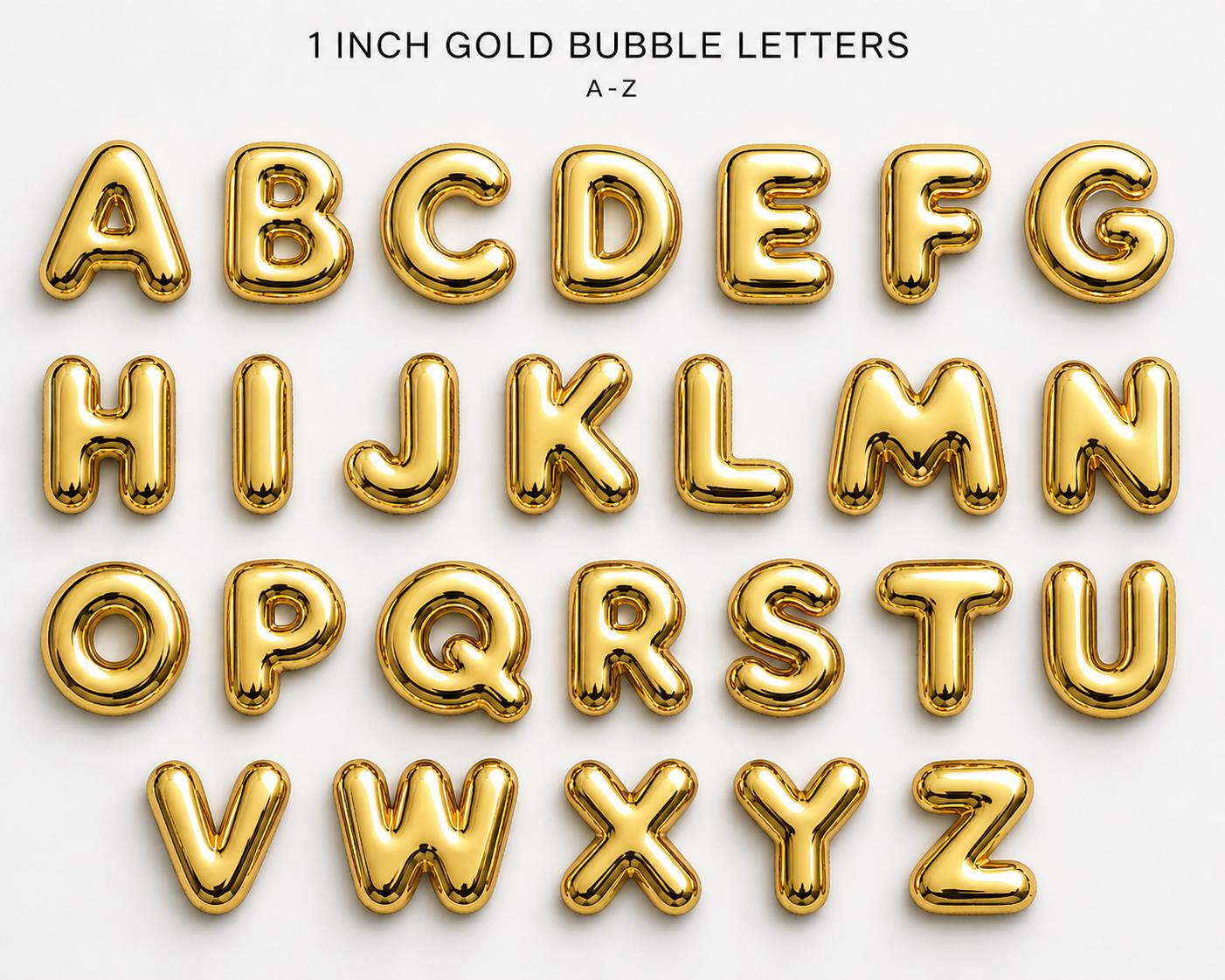 Gold bubble letters from A to Z on a white background to add to keychain or purse charm