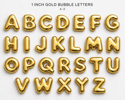 Gold bubble letters from A to Z on a white background to add to keychain or purse charm