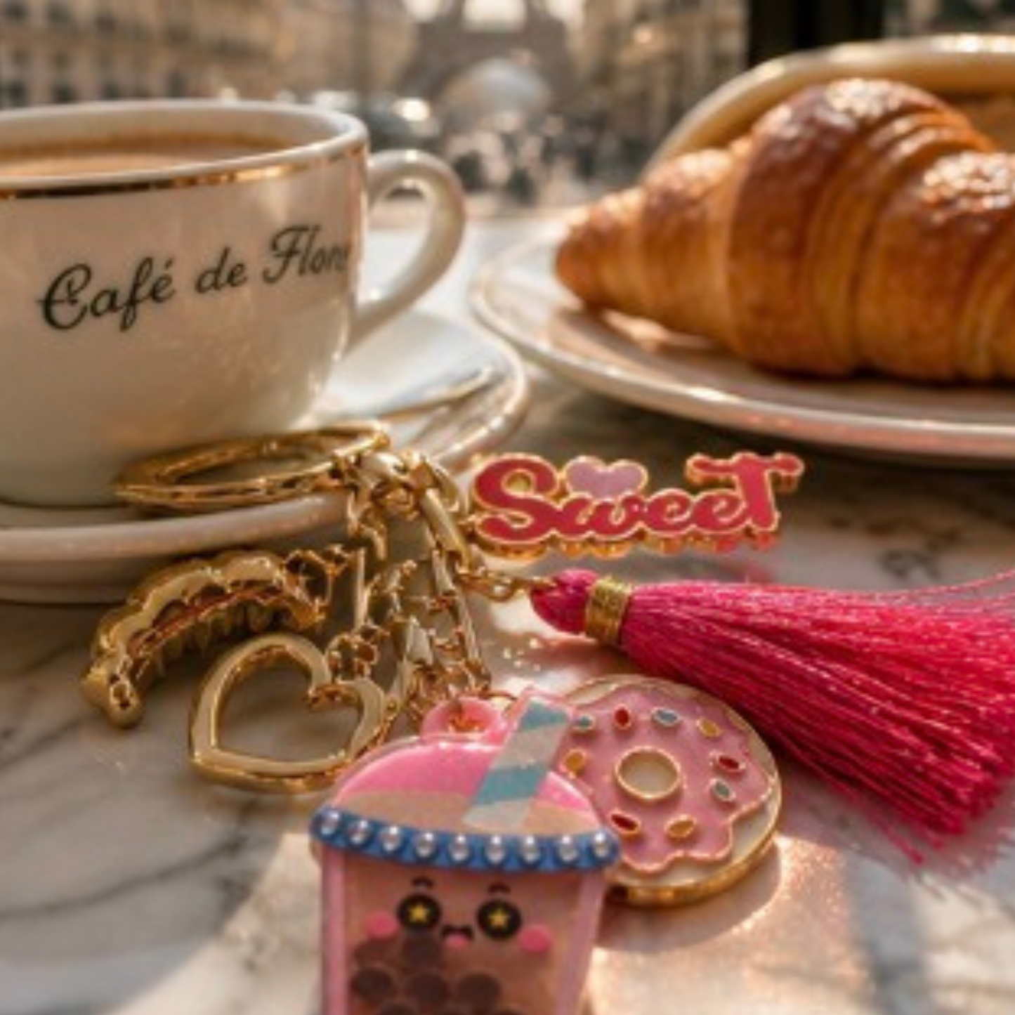 Café de Flore mug with croissant, keychain with tassel and charms on marble surface boba keychain or purse charms pink donut heat and croissant