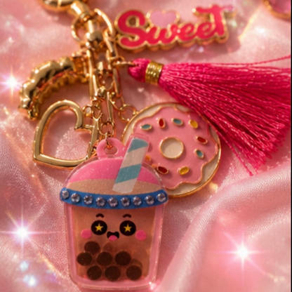 Keychain with bubble tea charm, donut, pink donut and croissant and tassel on a pink background